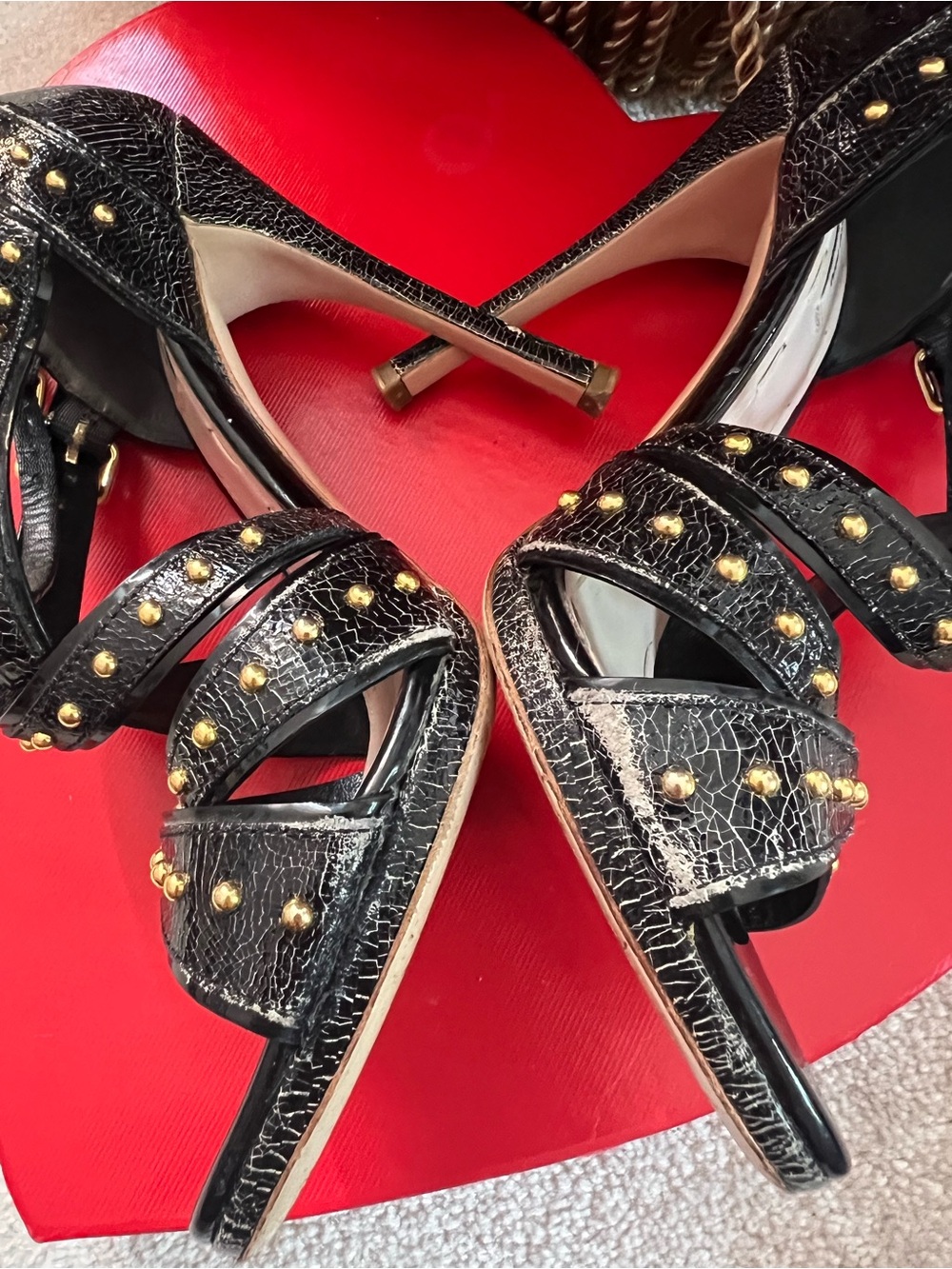 Miu Miu Black Crackled Leather Studded Strappy High-Heel Sandals ā¤ļøāš„ - Picture 11 of 16